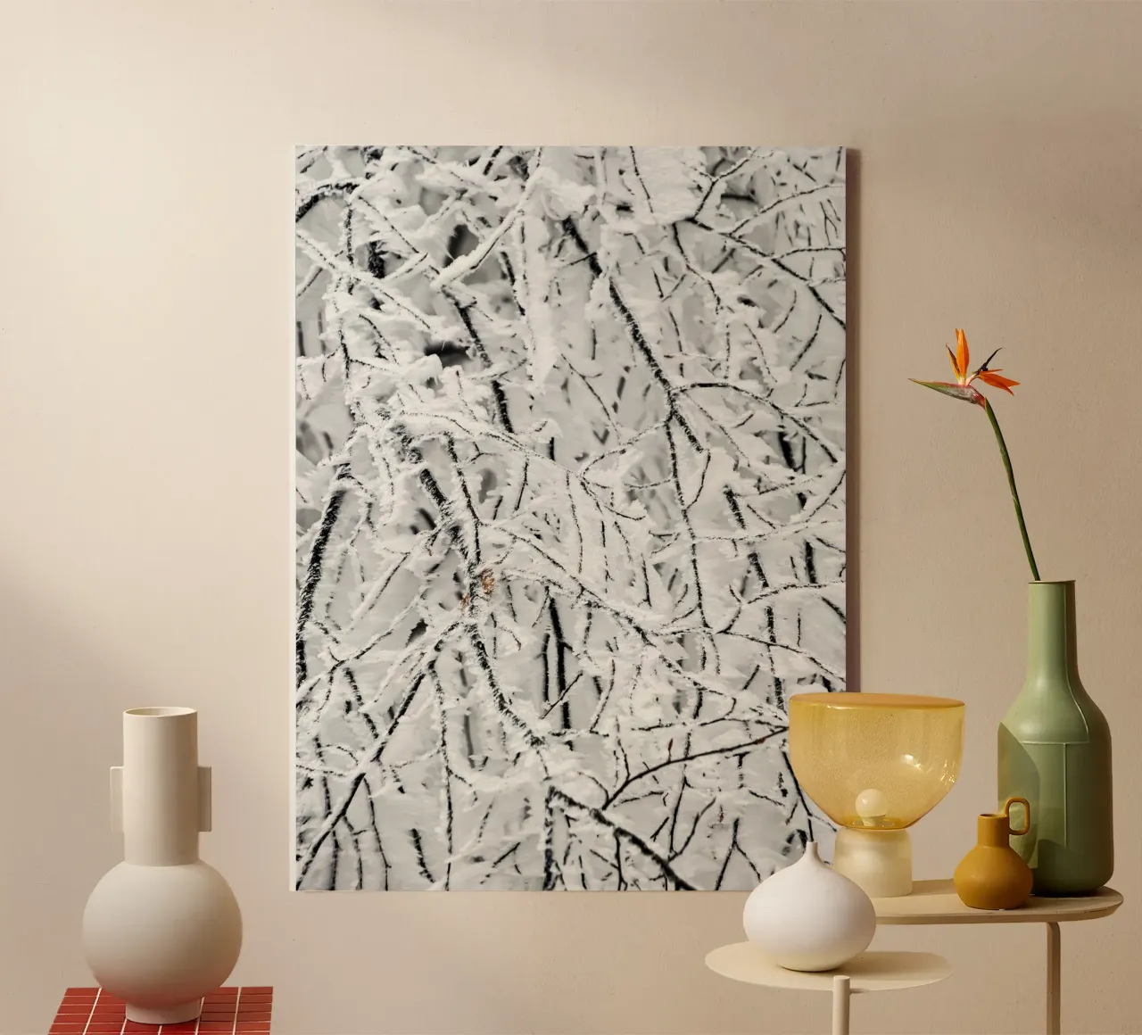 Snow-covered branches - Winter structural art canvas with Floater frame by Whole©