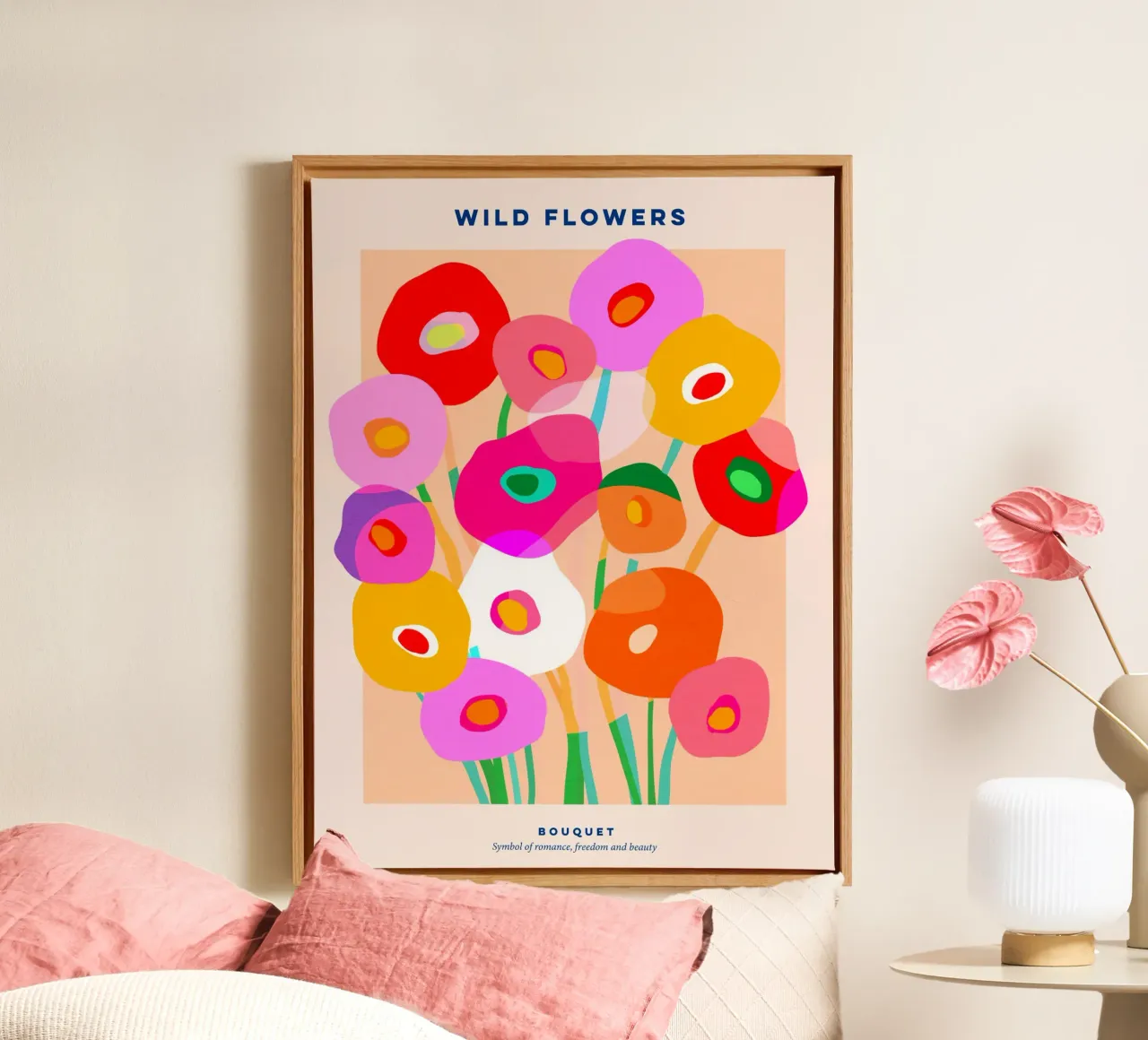 BOLD & WILD POPPIES BOUQUET POSTER - Tonaal Perzikroze canvas met Baklijst van Dominique Vari