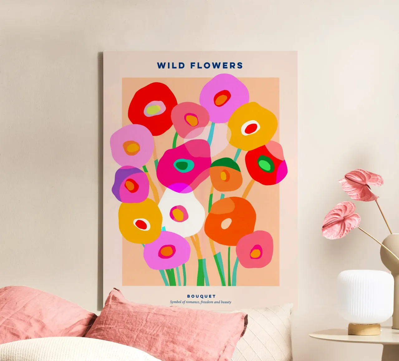BOLD & WILD POPPIES BOUQUET POSTER - Tonaal Perzikroze canvas met Baklijst van Dominique Vari