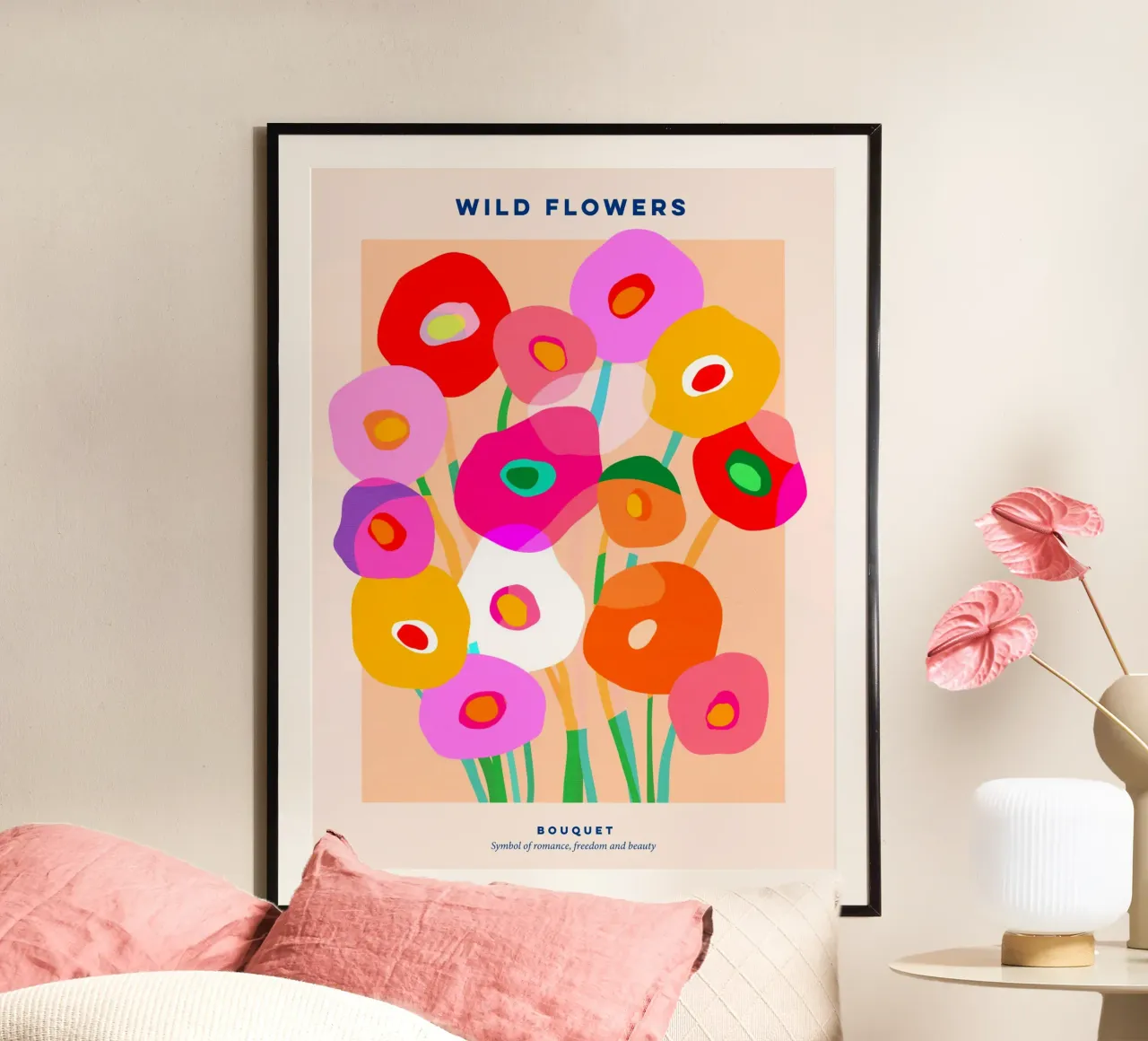 BOLD & WILD POPPIES BOUQUET POSTER - Rosa pesca tonale poster con telaio in alluminio da Dominique Vari
