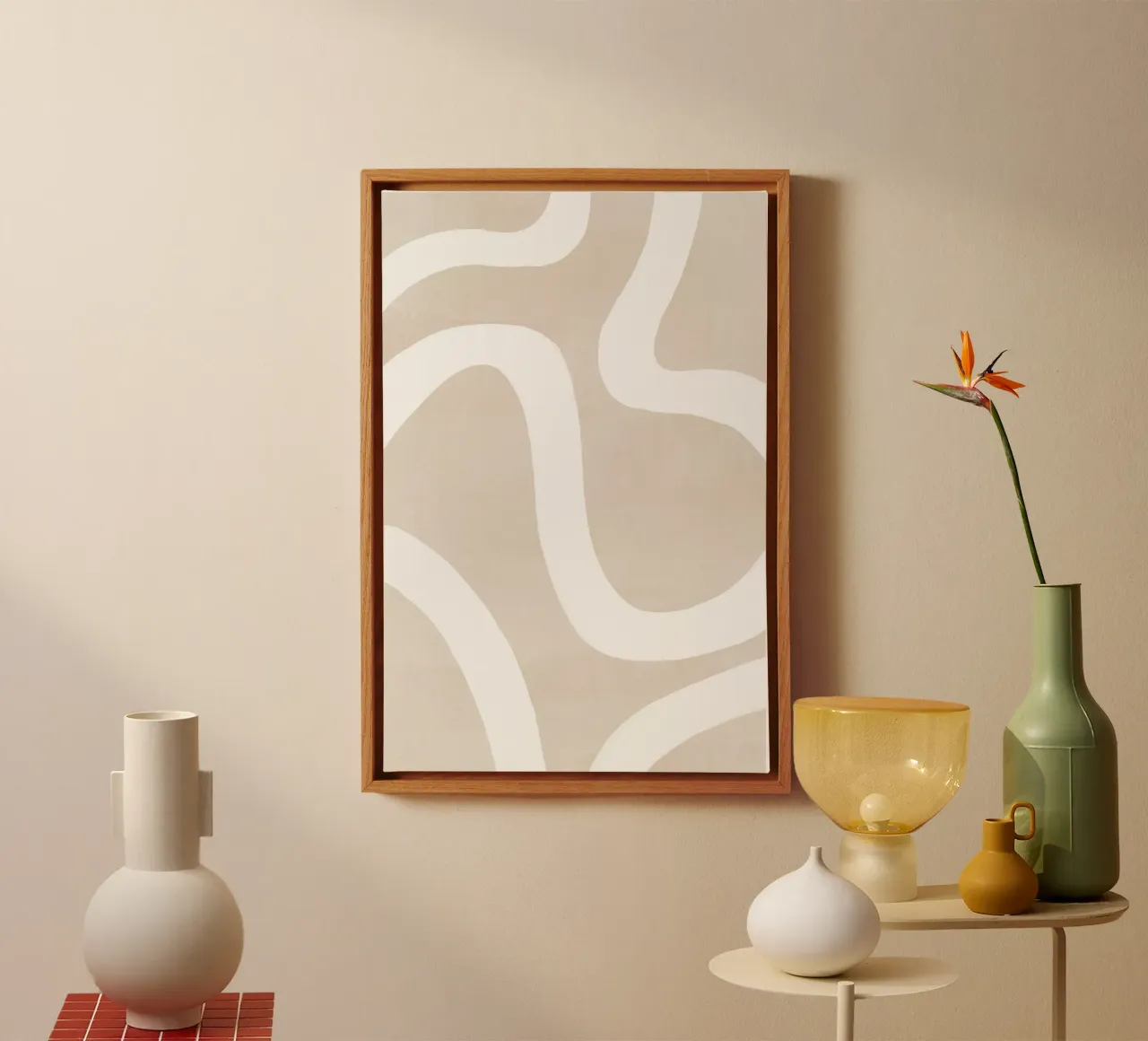 Linea curva bianca beige tela con Cornice a cassetta da Melloi Art Print