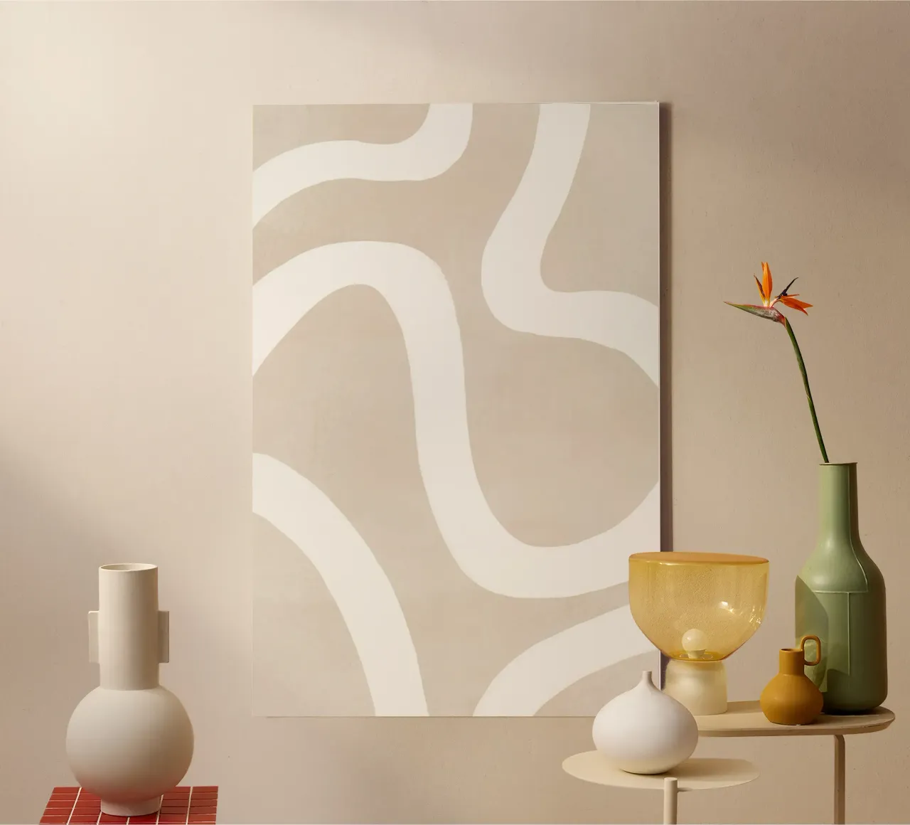 Linea curva bianca beige tela con Cornice a cassetta da Melloi Art Print