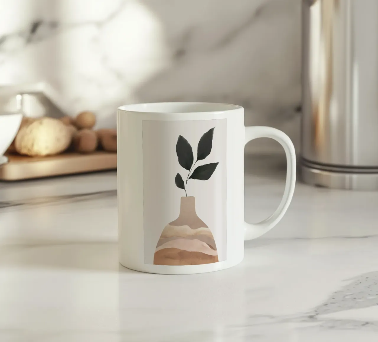 Vaso minimalista con foglie d'arte tazza in ceramica da Melloi Art Print