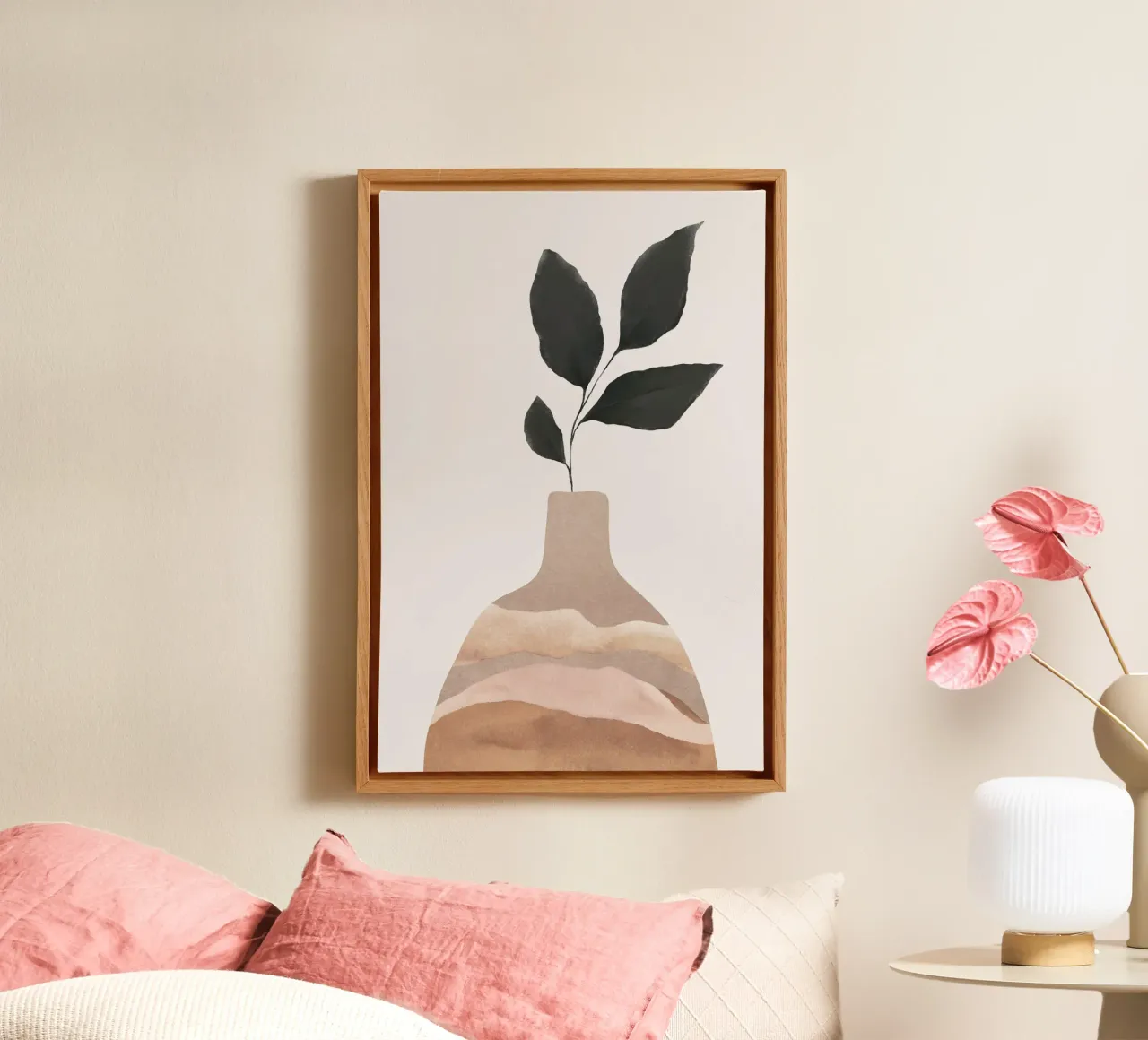 Minimalist Vase with Leaves Art canvas with Floater frame by Melloi Art Print