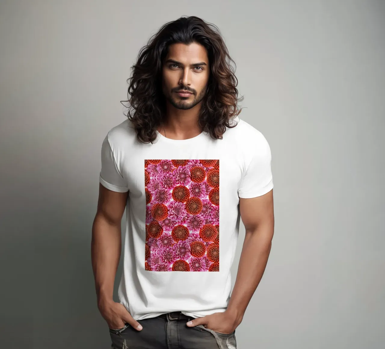 Un arazzo floreale di dalie rosse e viola regali. t-shirt da Curious Collections by Marielle Leenders