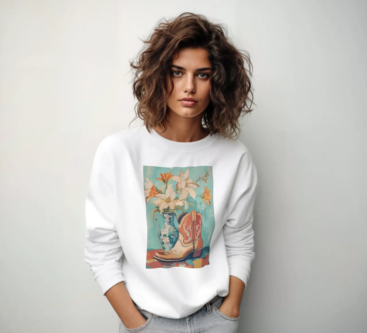 Florero floral y bota vaquera sudadera de Melloi Art Print