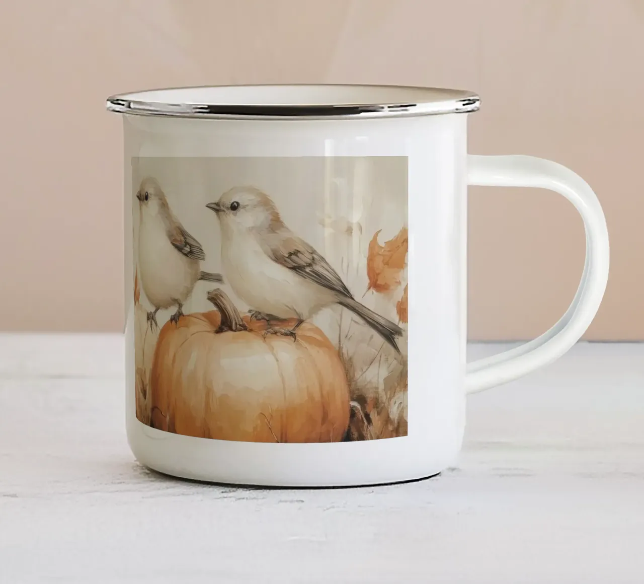 Arte delle zucche e degli uccelli tazza in smalto da Melloi Art Print
