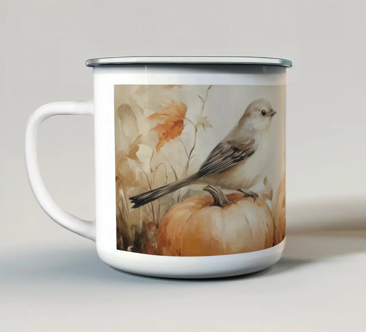 Arte delle zucche e degli uccelli tazza in smalto da Melloi Art Print