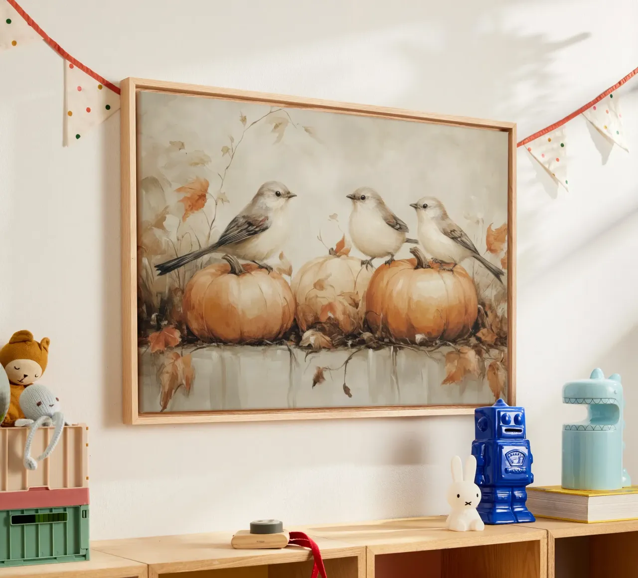 Pompoenen en vogels kunst canvas met Baklijst van Melloi Art Print