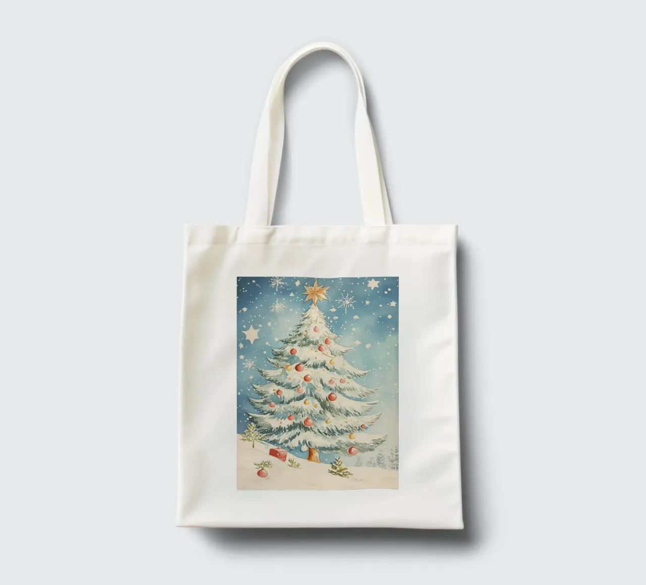 Albero di Natale in un paesaggio innevato borsa in juta da Melloi Art Print