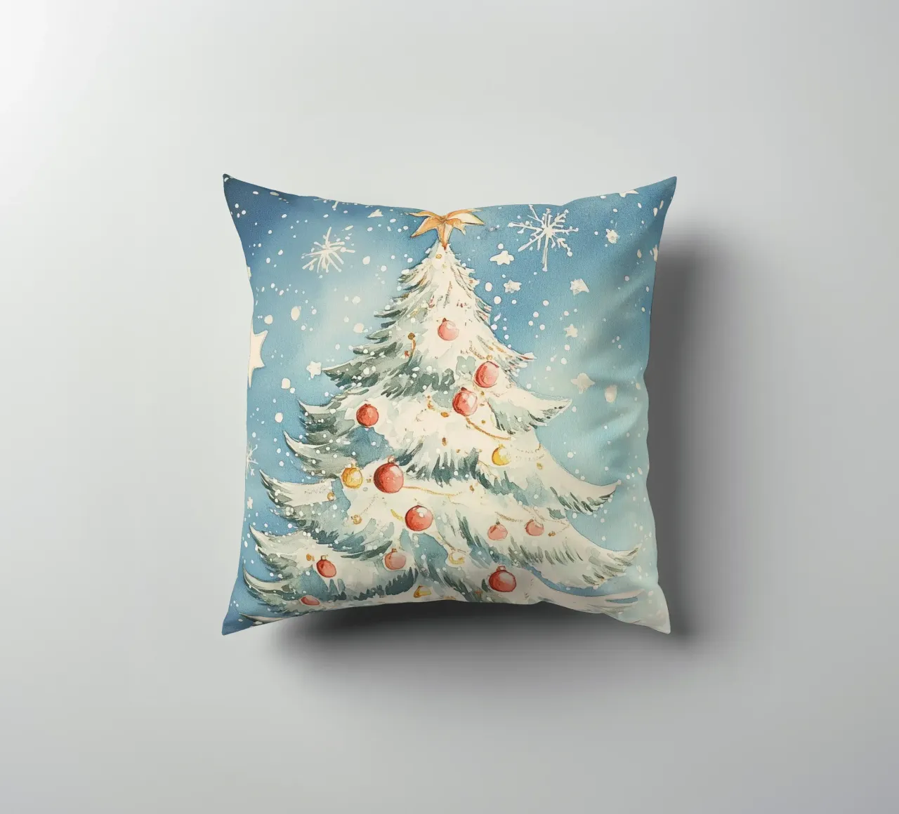 Albero di Natale in un paesaggio innevato cuscino da Melloi Art Print