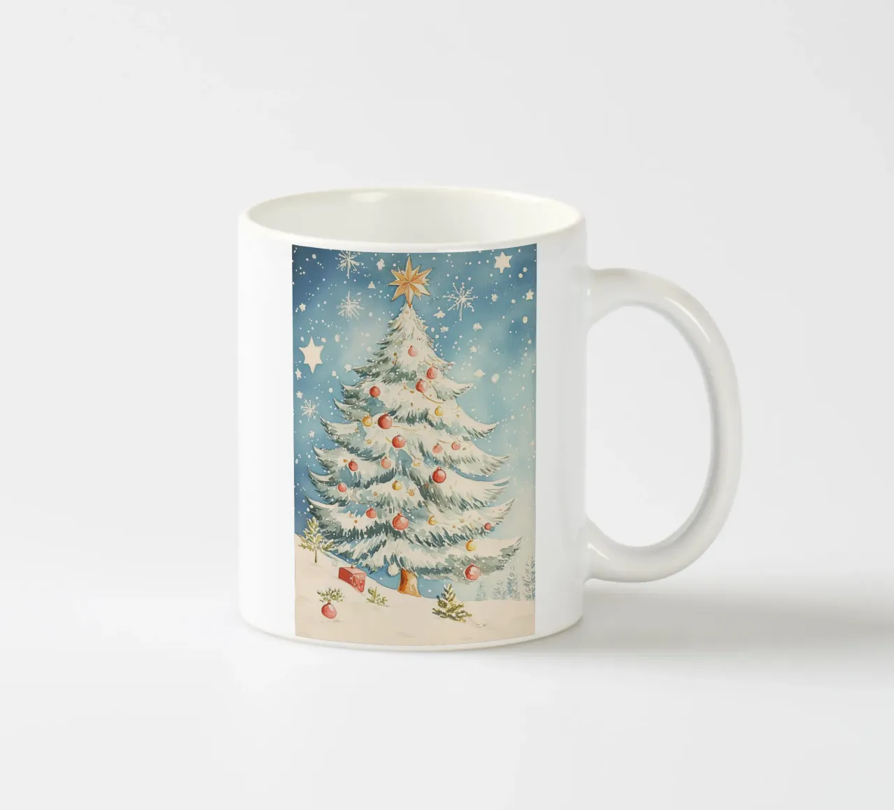 Albero di Natale in un paesaggio innevato tazza in ceramica da Melloi Art Print