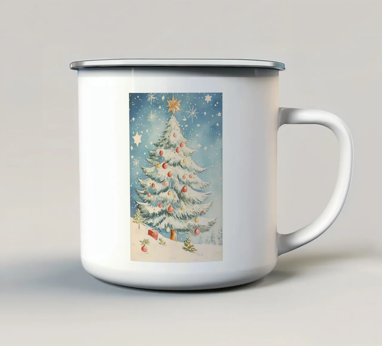 Albero di Natale in un paesaggio innevato tazza in smalto da Melloi Art Print