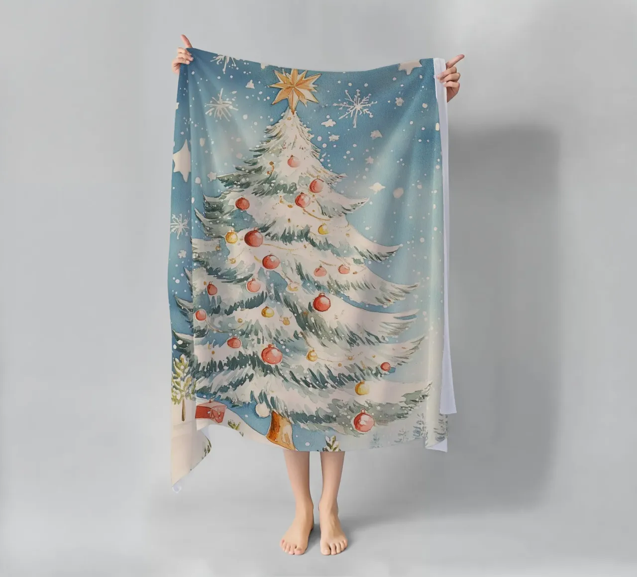 Albero di Natale in un paesaggio innevato telo mare da Melloi Art Print