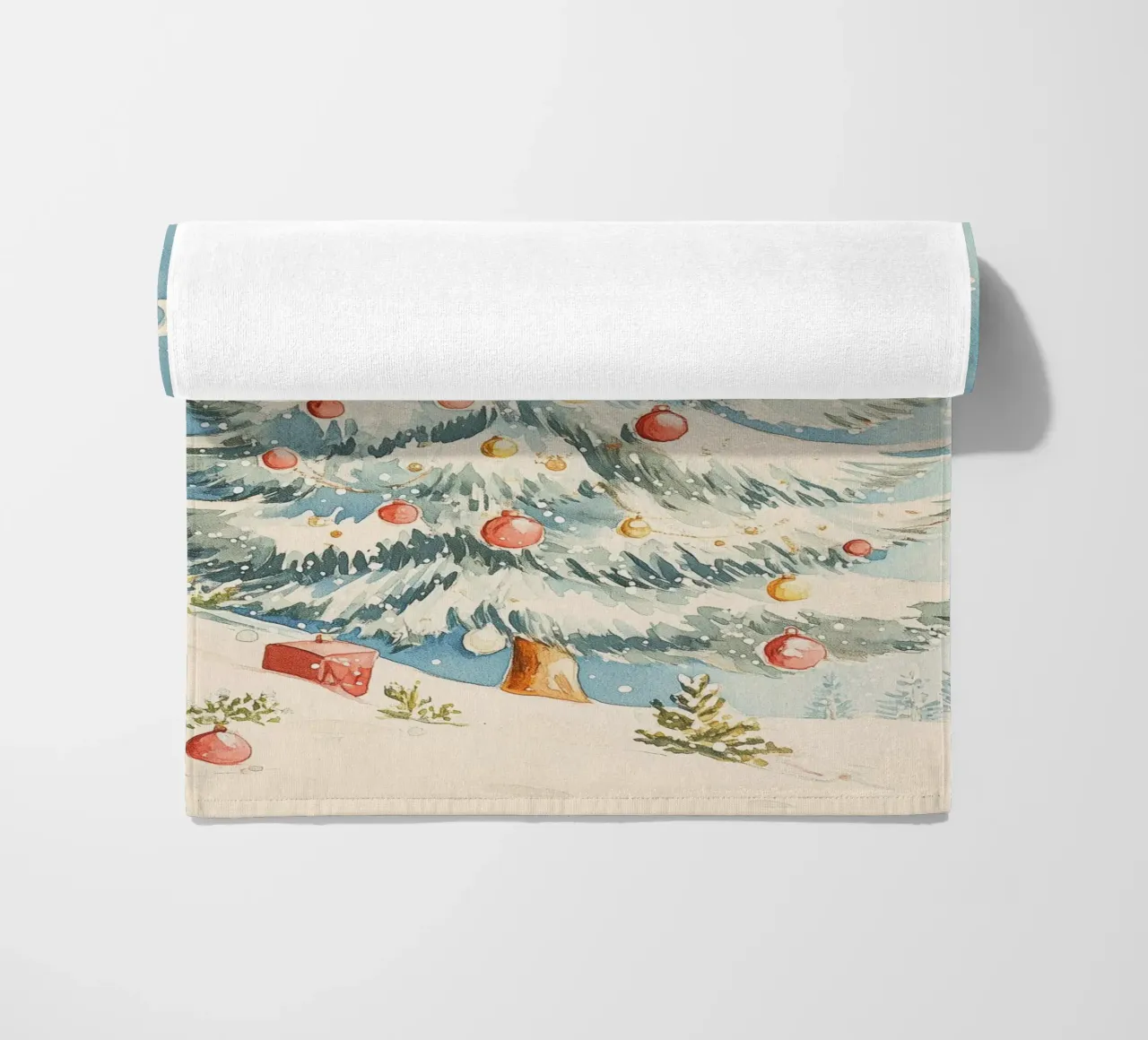 Albero di Natale in un paesaggio innevato telo mare da Melloi Art Print