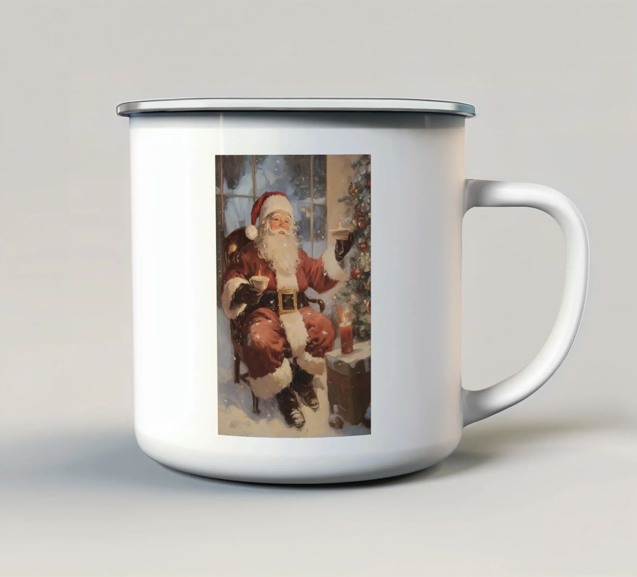 Babbo Natale con albero di Natale tazza in smalto da Melloi Art Print