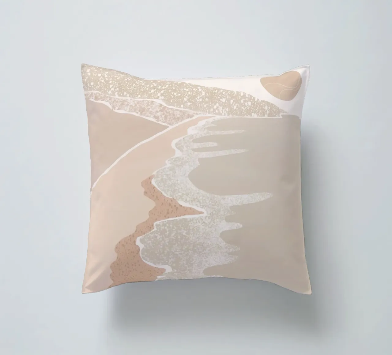 Scena di spiaggia pastello con sole stilizzato cuscino da Melloi Art Print