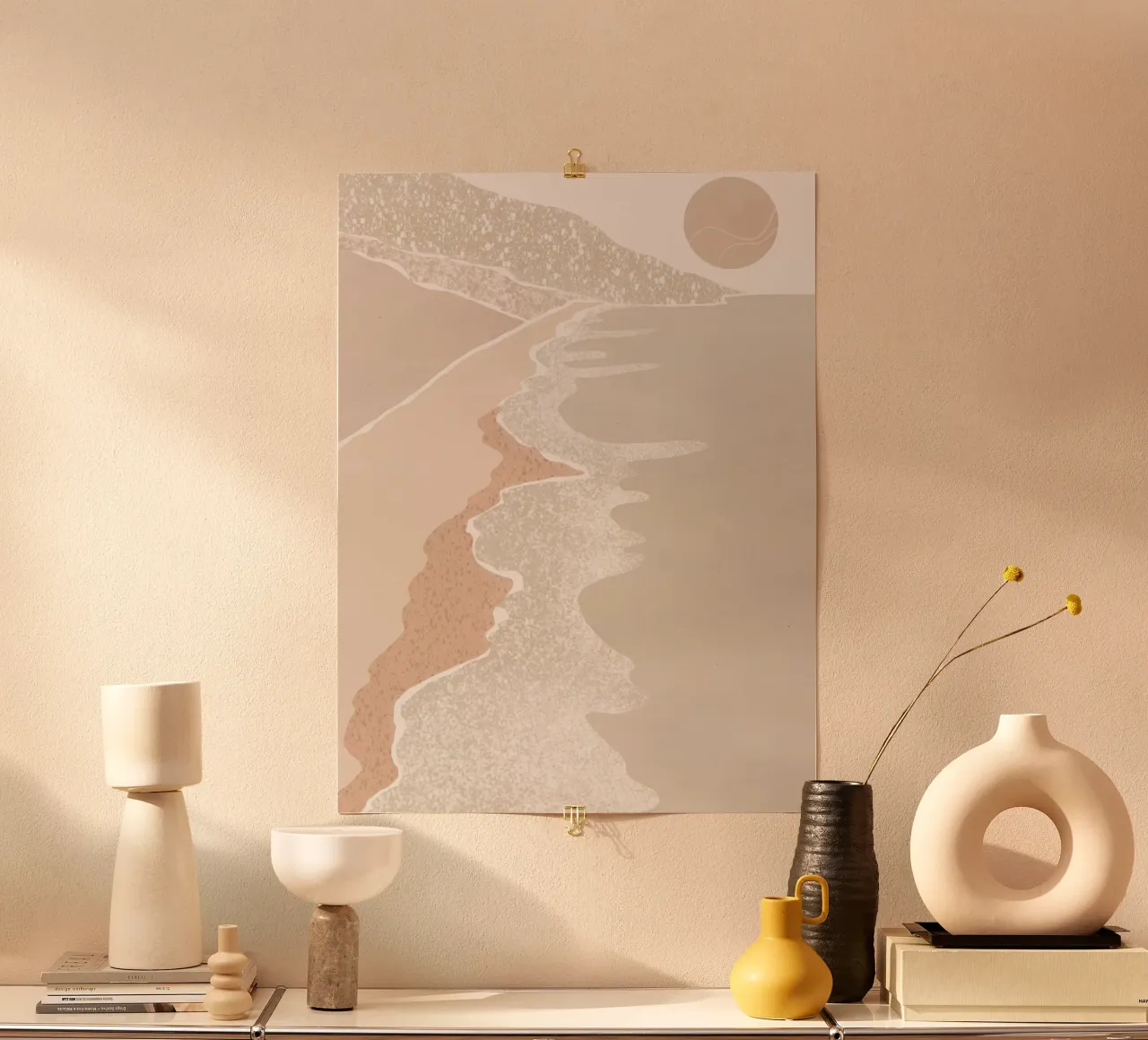 Scena di spiaggia pastello con sole stilizzato poster da Melloi Art Print