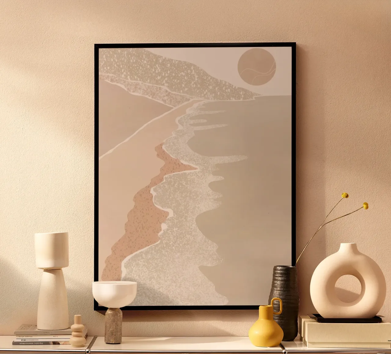Scena di spiaggia pastello con sole stilizzato poster da Melloi Art Print