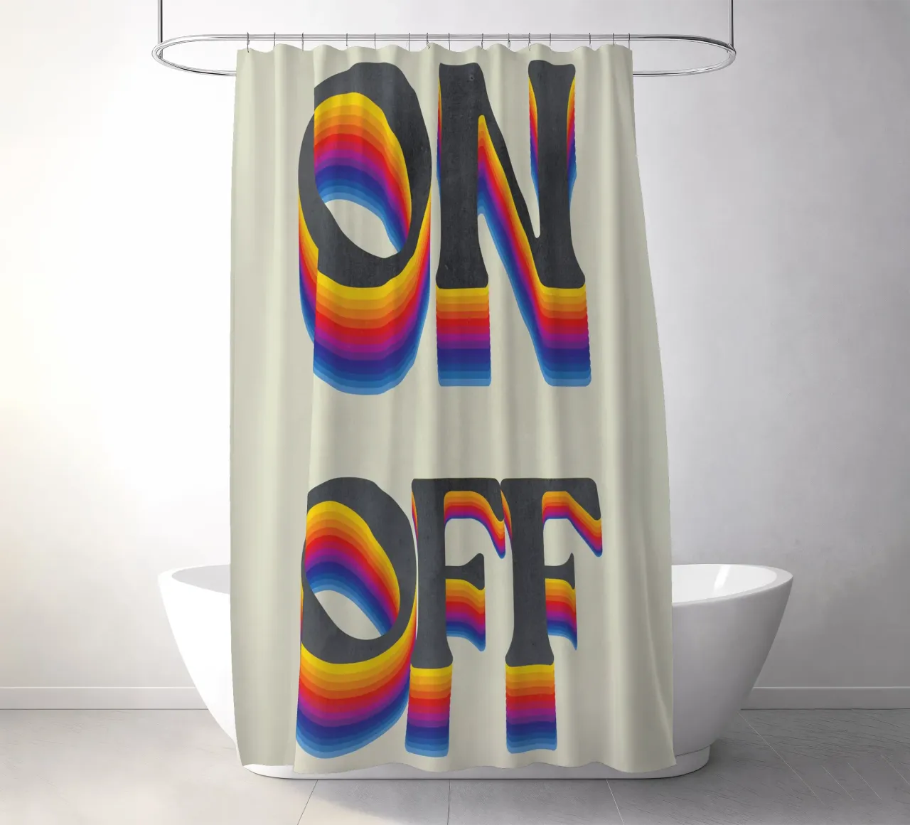 Regenboog ON OFF Retro Kunstdruk, Regenboog douchegordijn van Studio Mooodz