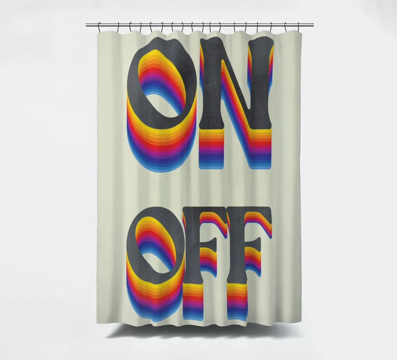 Regenboog ON OFF Retro Kunstdruk, Regenboog douchegordijn van Studio Mooodz