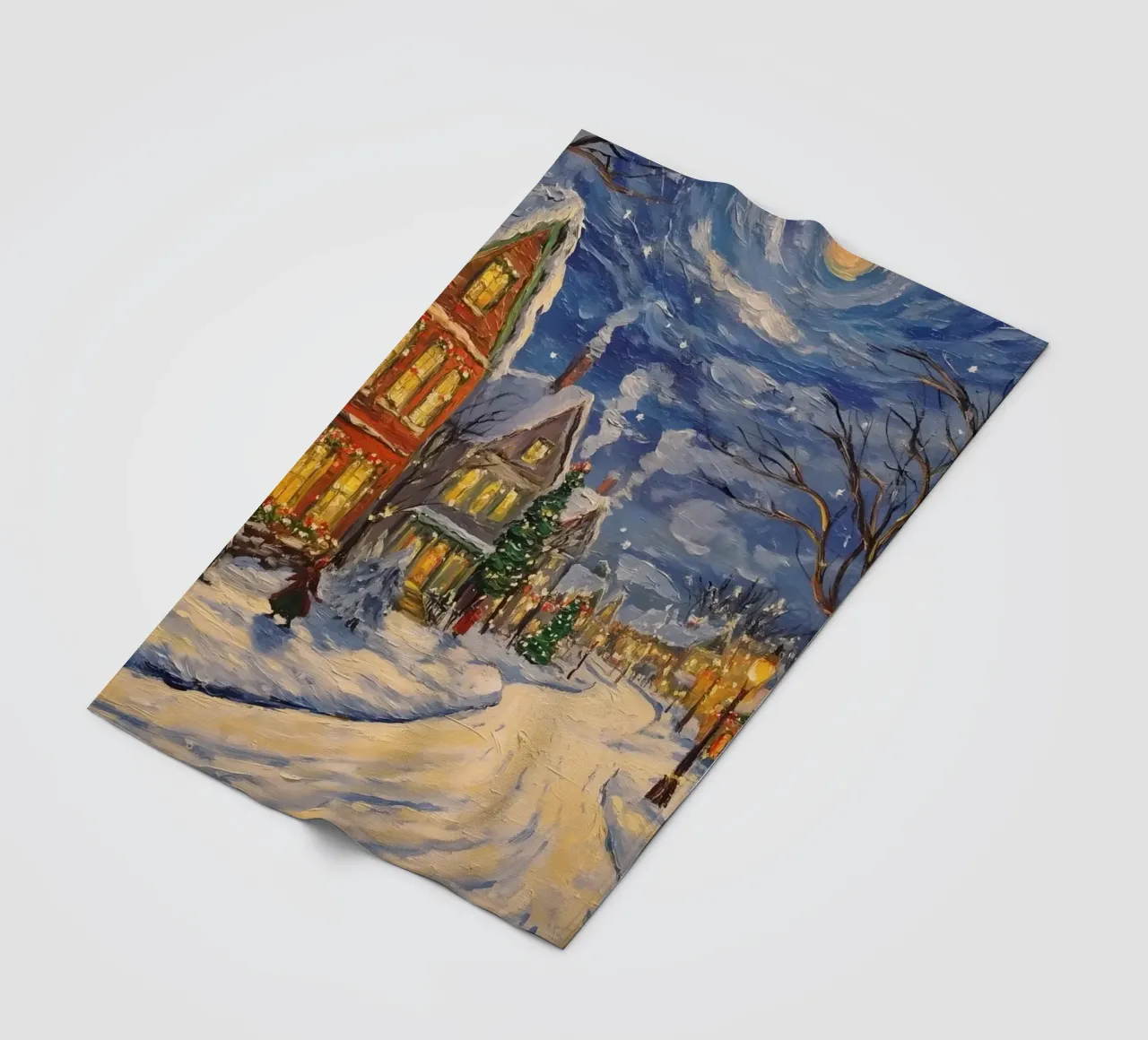 Città innevata nella notte di Natale coperta in pile da Melloi Art Print