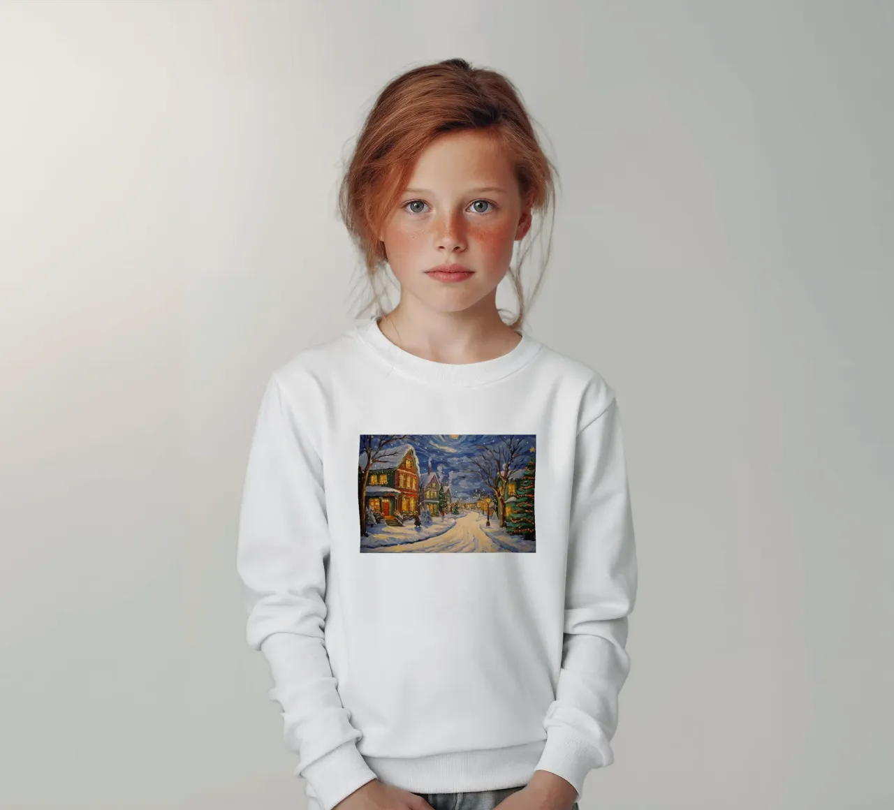 Città innevata nella notte di Natale felpa bambino da Melloi Art Print