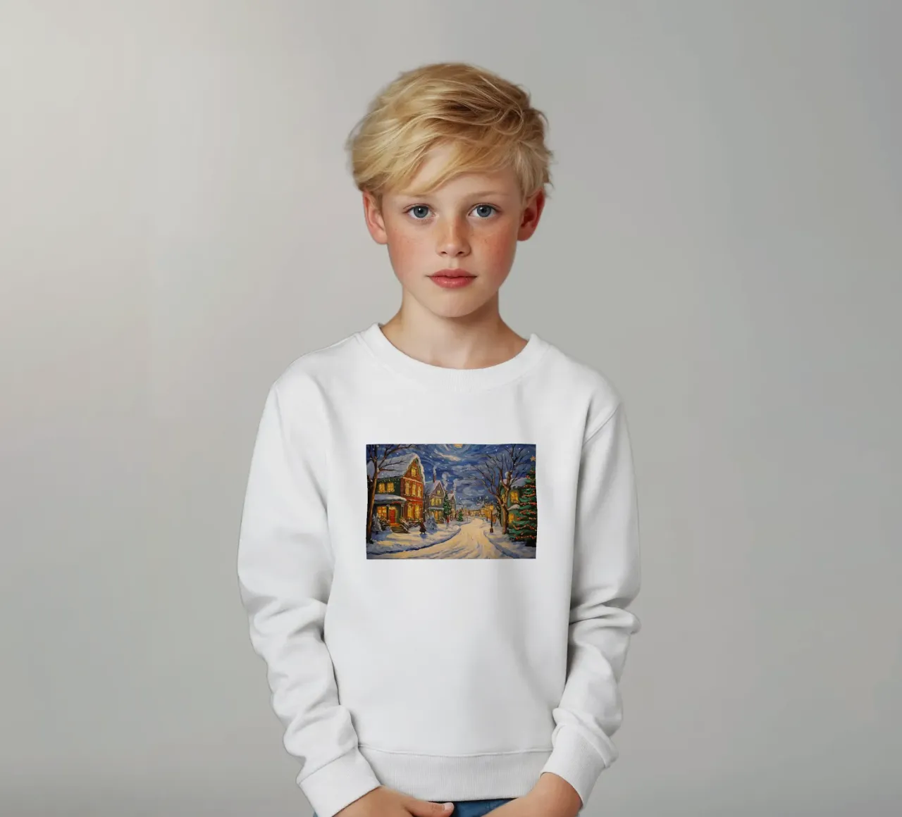 Città innevata nella notte di Natale felpa bambino da Melloi Art Print