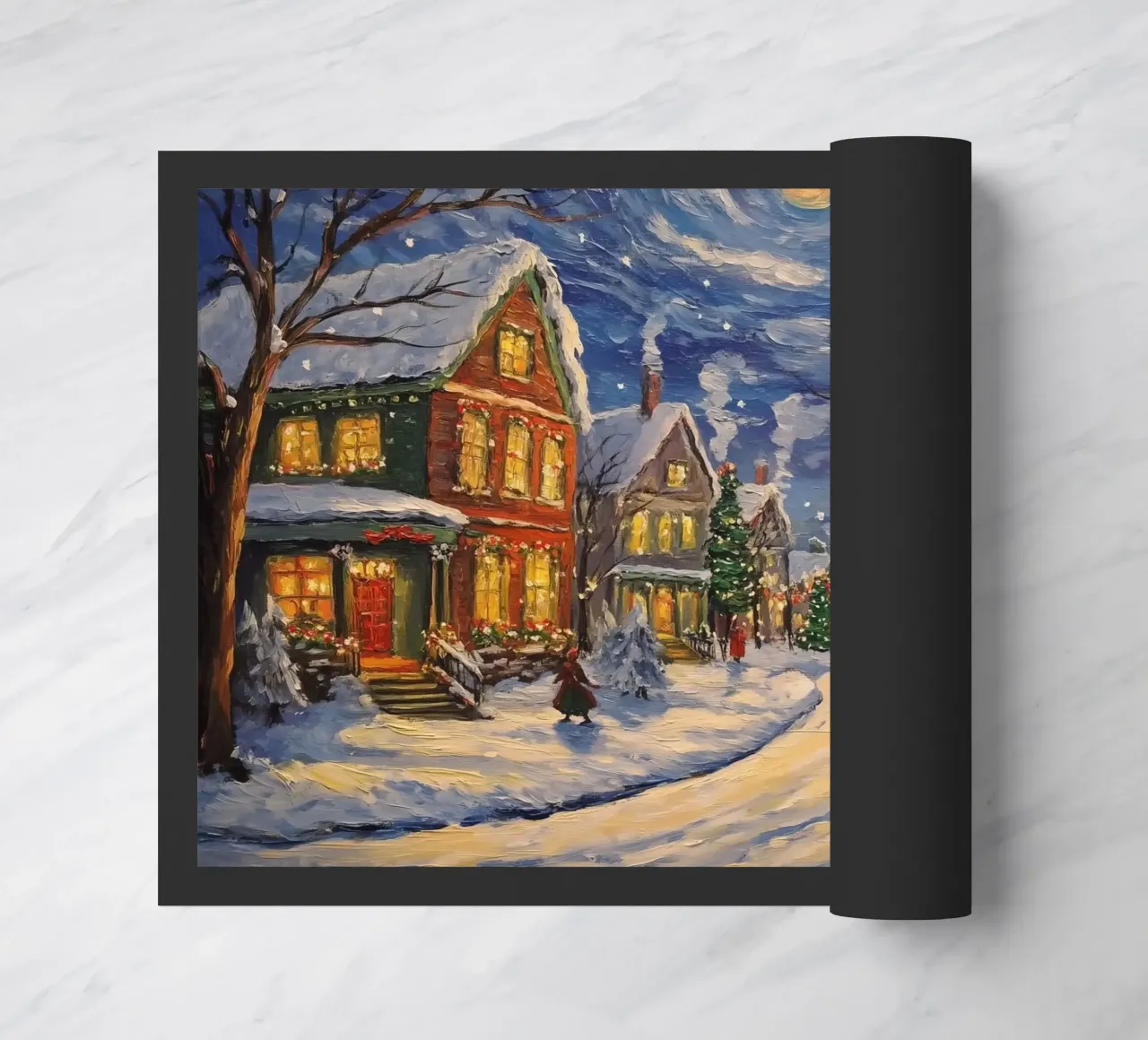 Città innevata nella notte di Natale zerbino da Melloi Art Print