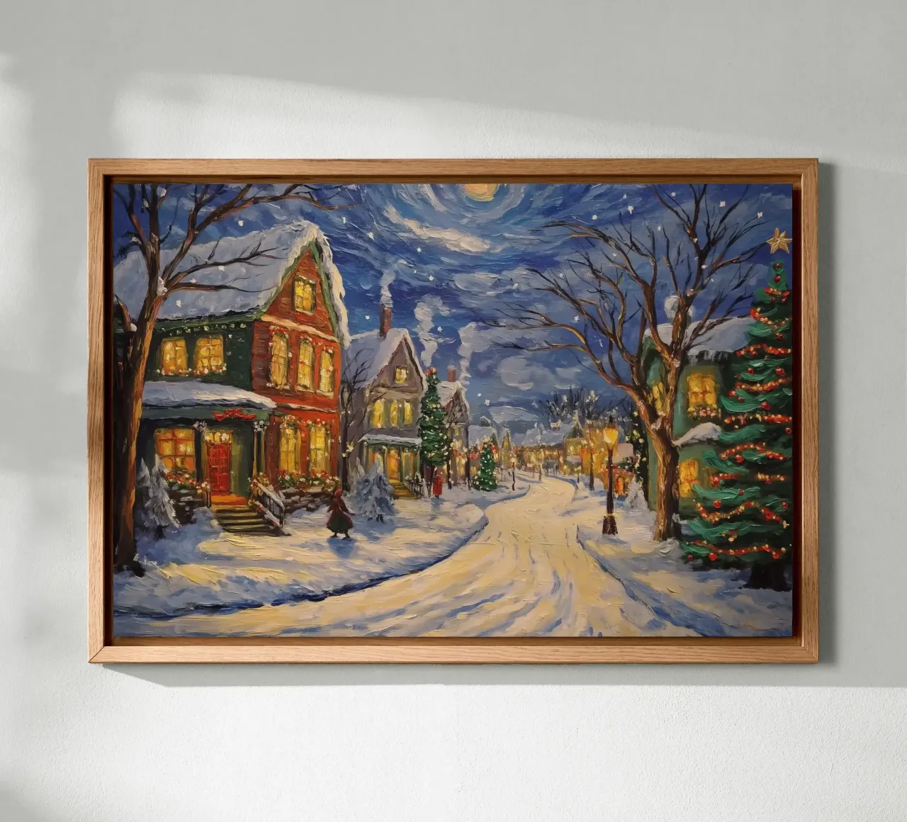 Città innevata nella notte di Natale tela con Cornice a cassetta da Melloi Art Print
