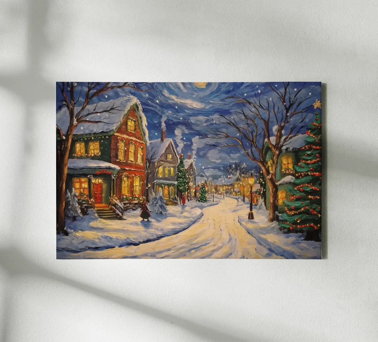 Città innevata nella notte di Natale tela con Cornice a cassetta da Melloi Art Print