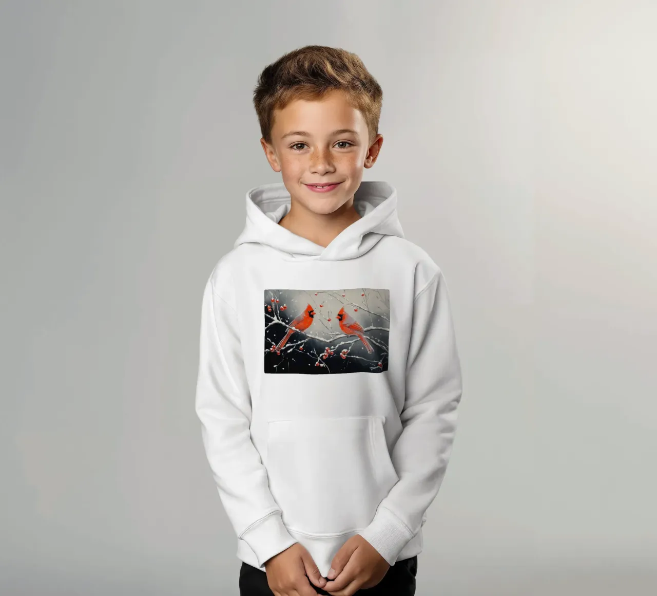 Cardinali rossi in una scena invernale innevata felpa bambino con cappuccio da Melloi Art Print