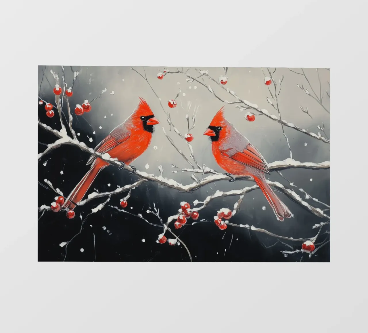 Cardinali rossi in una scena invernale innevata telo in pvc da Melloi Art Print