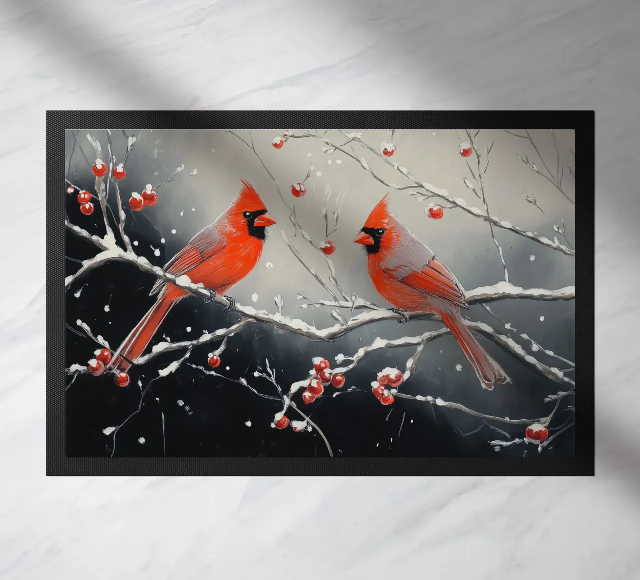 Cardinali rossi in una scena invernale innevata zerbino da Melloi Art Print