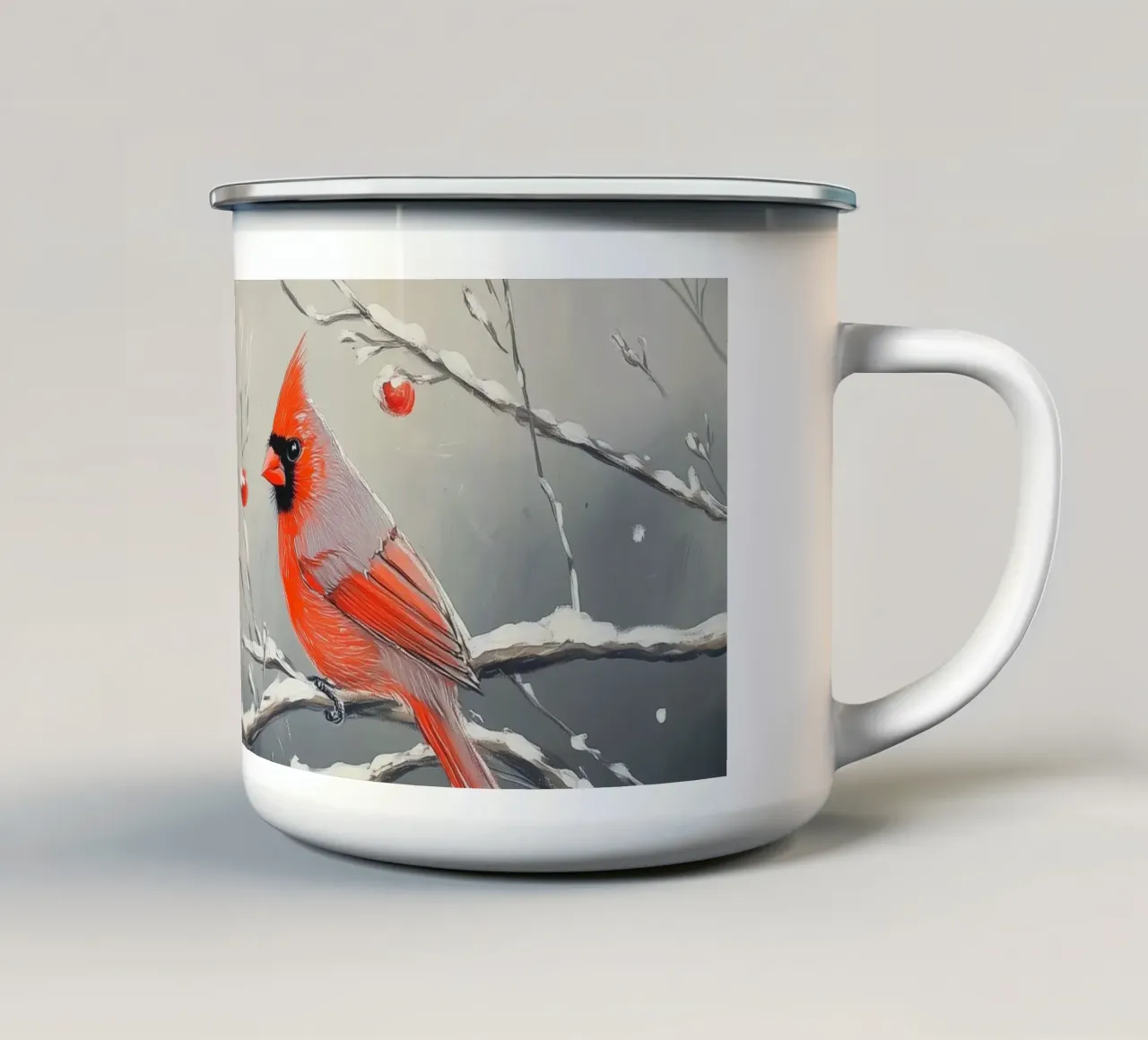 Cardinali rossi in una scena invernale innevata tazza in smalto da Melloi Art Print