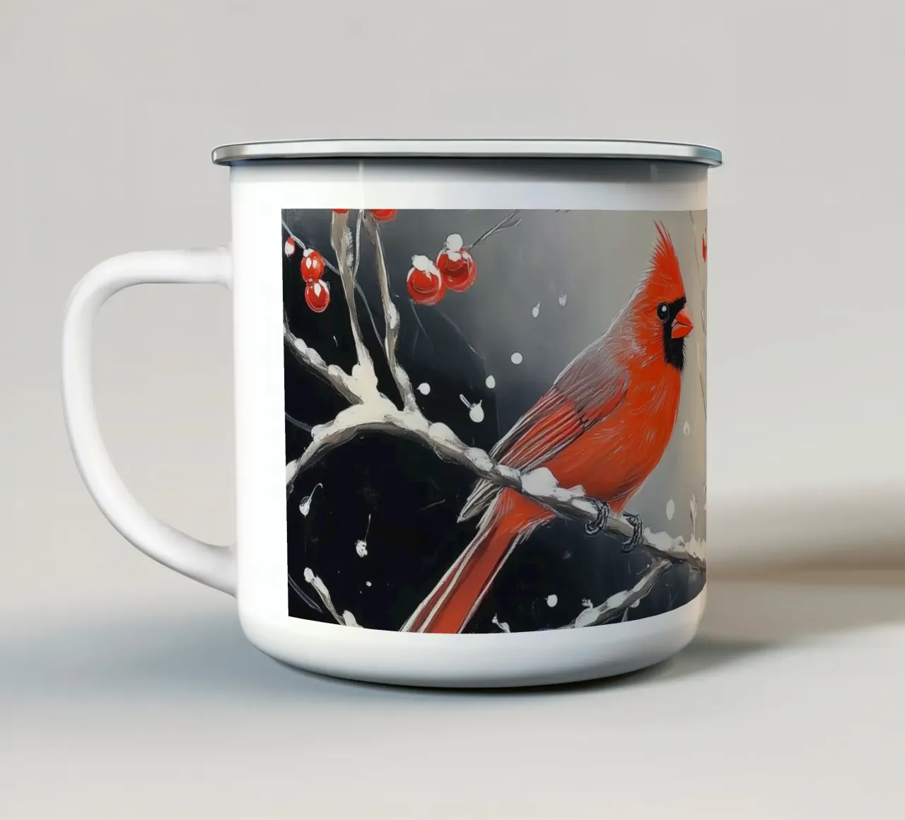 Cardinali rossi in una scena invernale innevata tazza in smalto da Melloi Art Print