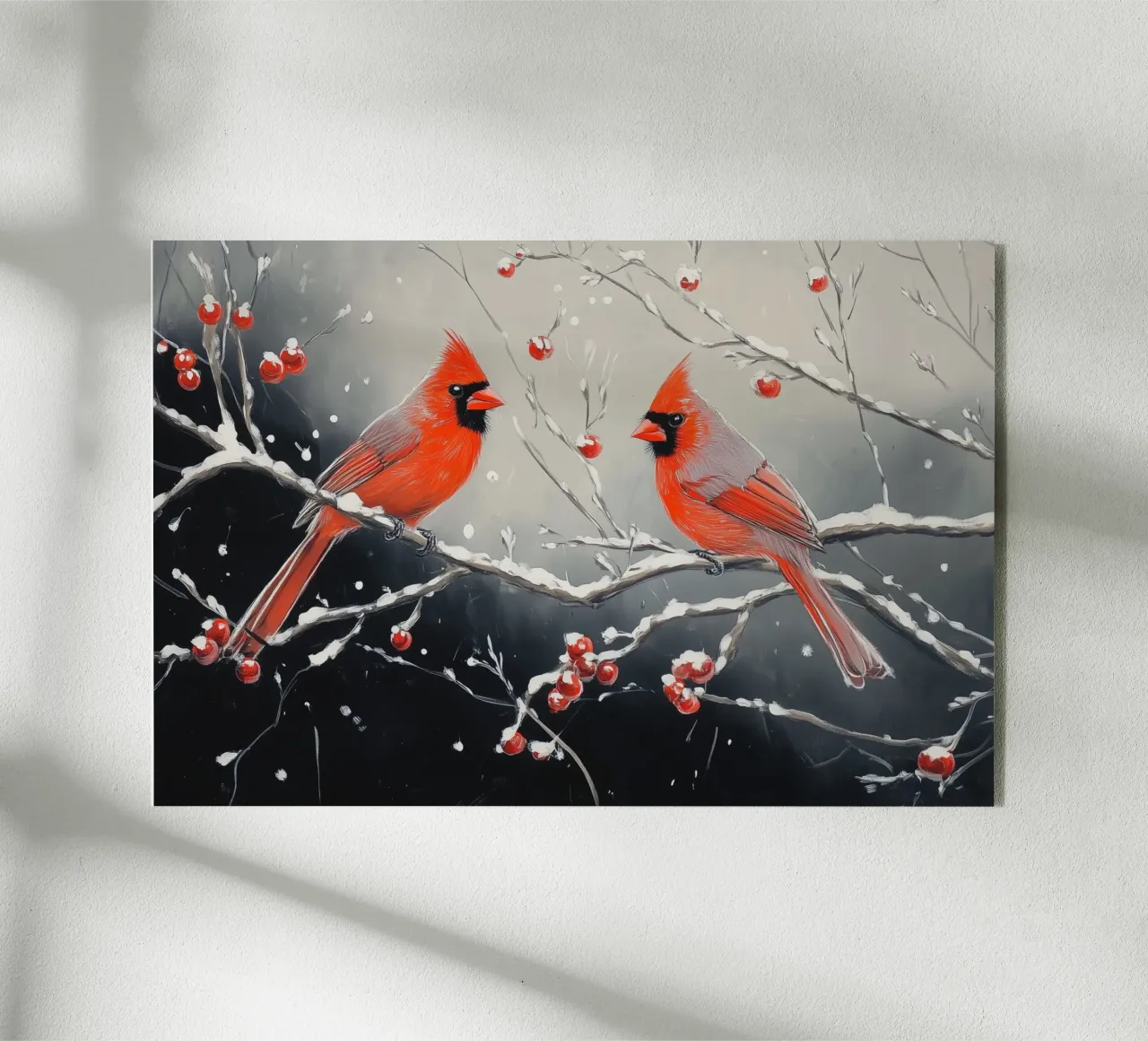 Cardinali rossi in una scena invernale innevata plexiglass da Melloi Art Print