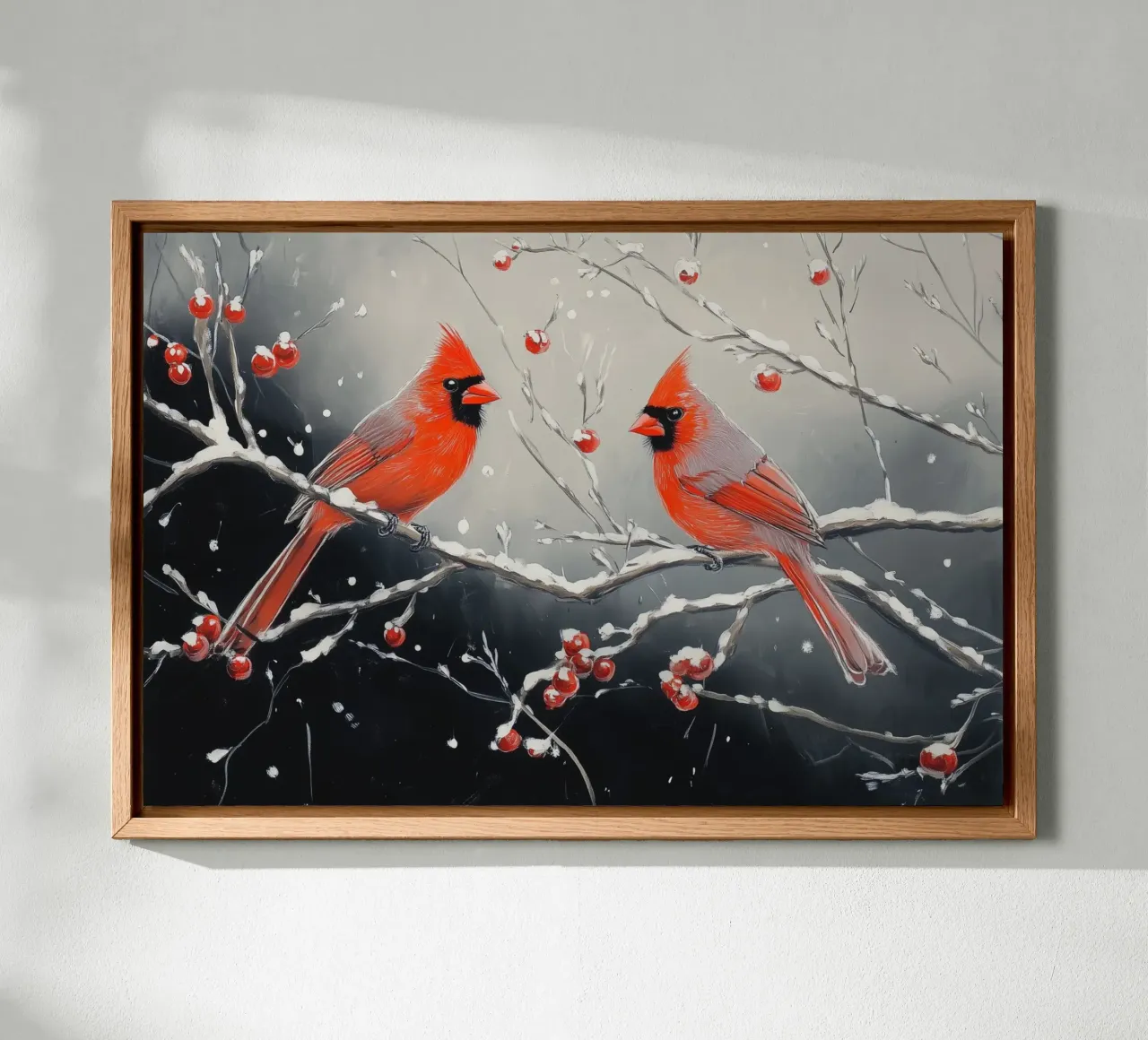 Cardinali rossi in una scena invernale innevata tela con Cornice a cassetta da Melloi Art Print