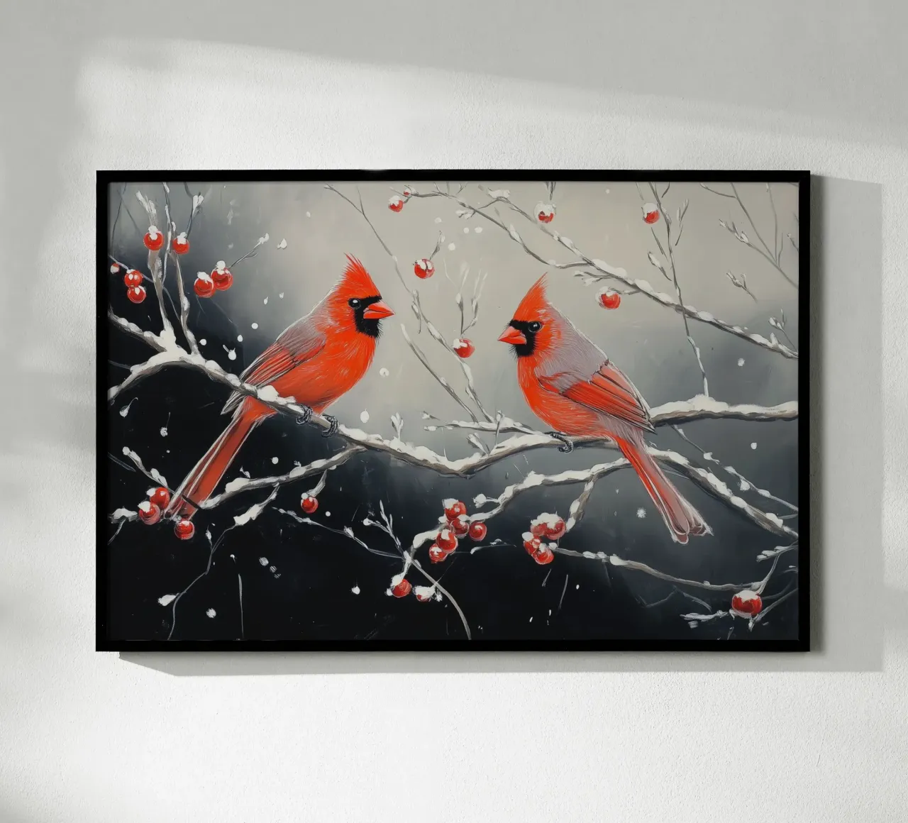 Cardinaux rouges dans une scène hivernale enneigée poster de Melloi Art Print