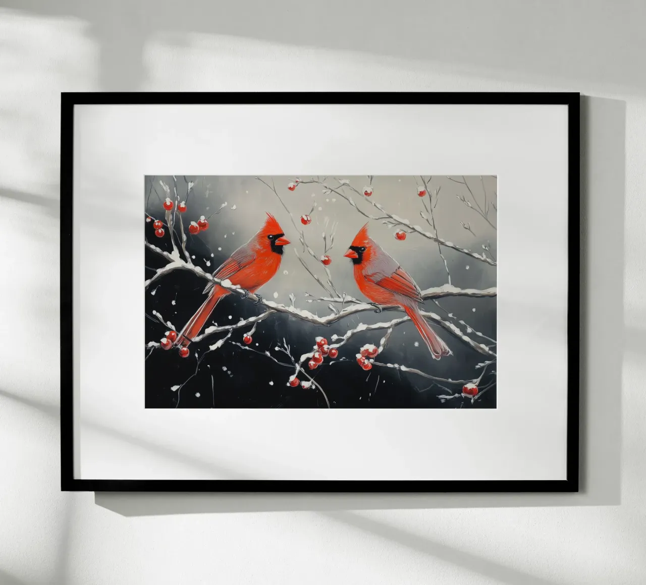 Cardinaux rouges dans une scène hivernale enneigée poster de Melloi Art Print