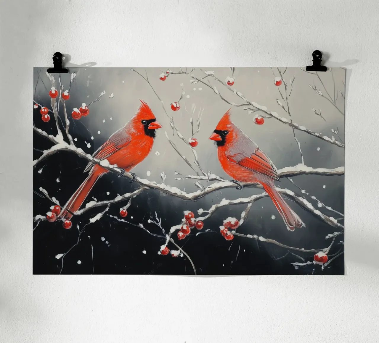 Cardinaux rouges dans une scène hivernale enneigée poster de Melloi Art Print