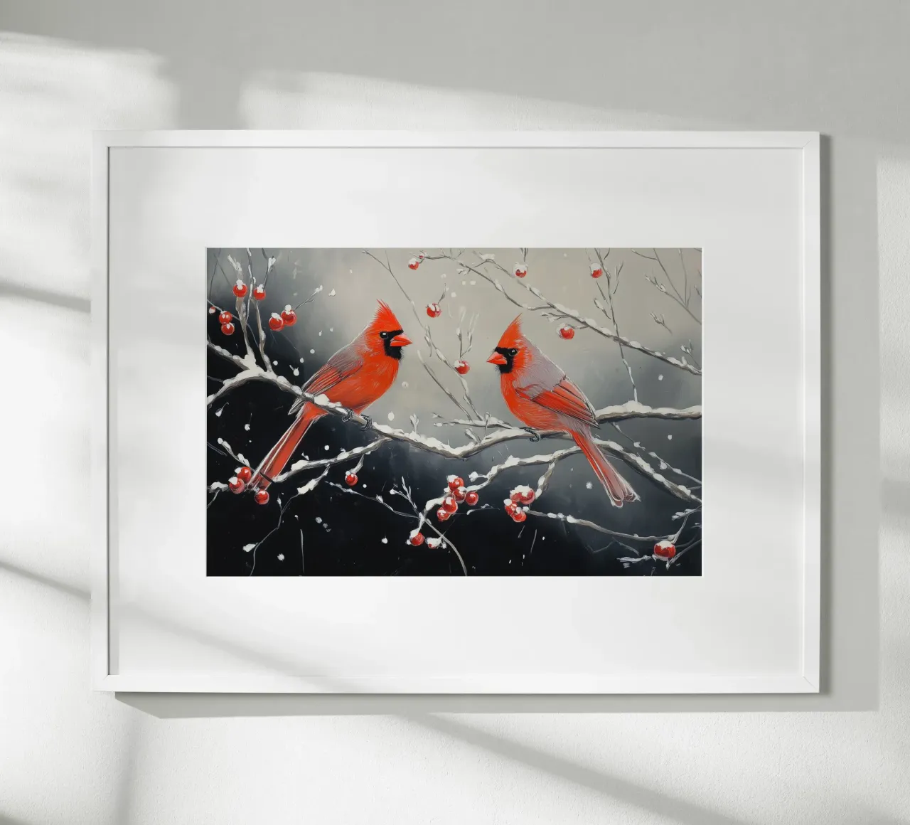 Cardinaux rouges dans une scène hivernale enneigée poster de Melloi Art Print