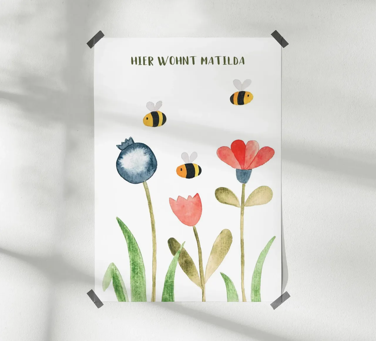 Wiese mit Blumen - Wasserfarbe Namensbild poster con telaio in alluminio da BAINAI KIDS