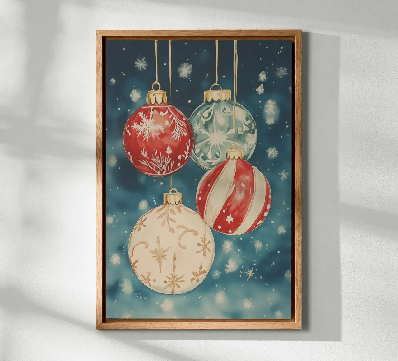 Elegant Christmas Ornaments on Snowy Background canvas with Floater frame by Melloi Art Print