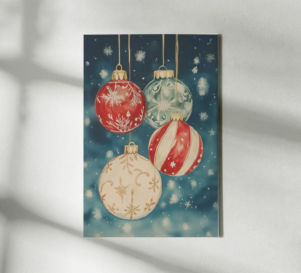 Elegant Christmas Ornaments on Snowy Background canvas with Floater frame by Melloi Art Print