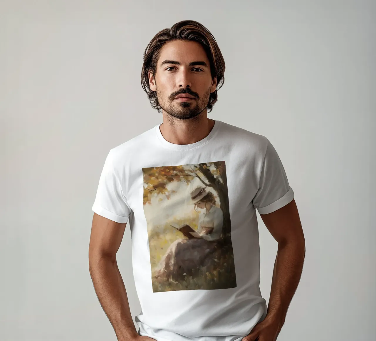 Lecture d'automne sous l'arbre t-shirt de Melloi Art Print