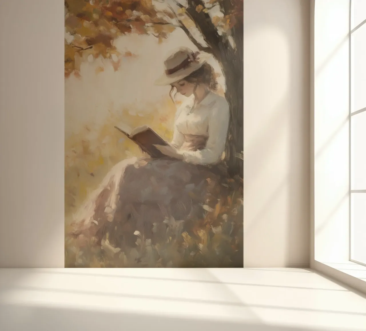 Lecture d'automne sous l'arbre papier peint photo de Melloi Art Print