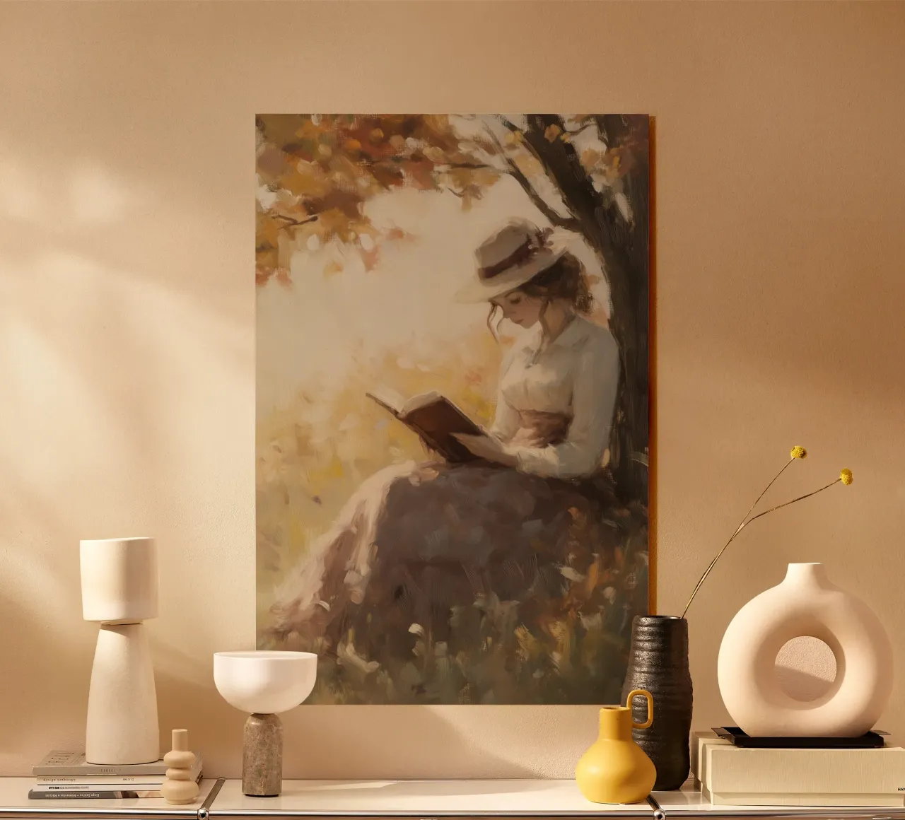 Lecture d'automne sous l'arbre plexiglas de Melloi Art Print