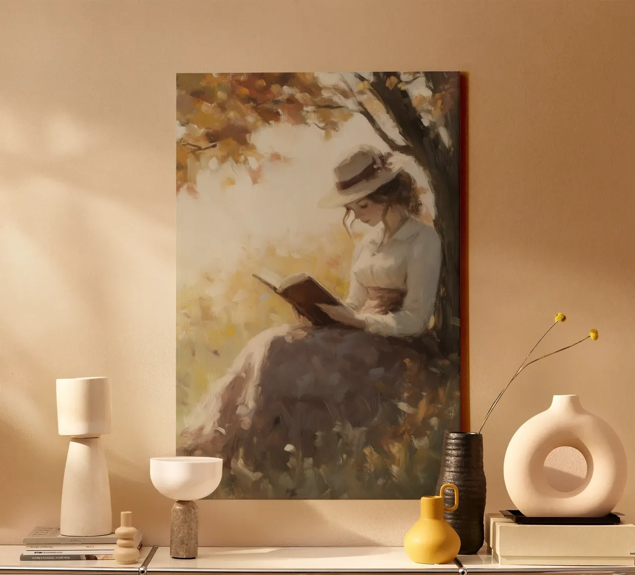 Autumn Reading Under Tree canvas by Melloi Art Print