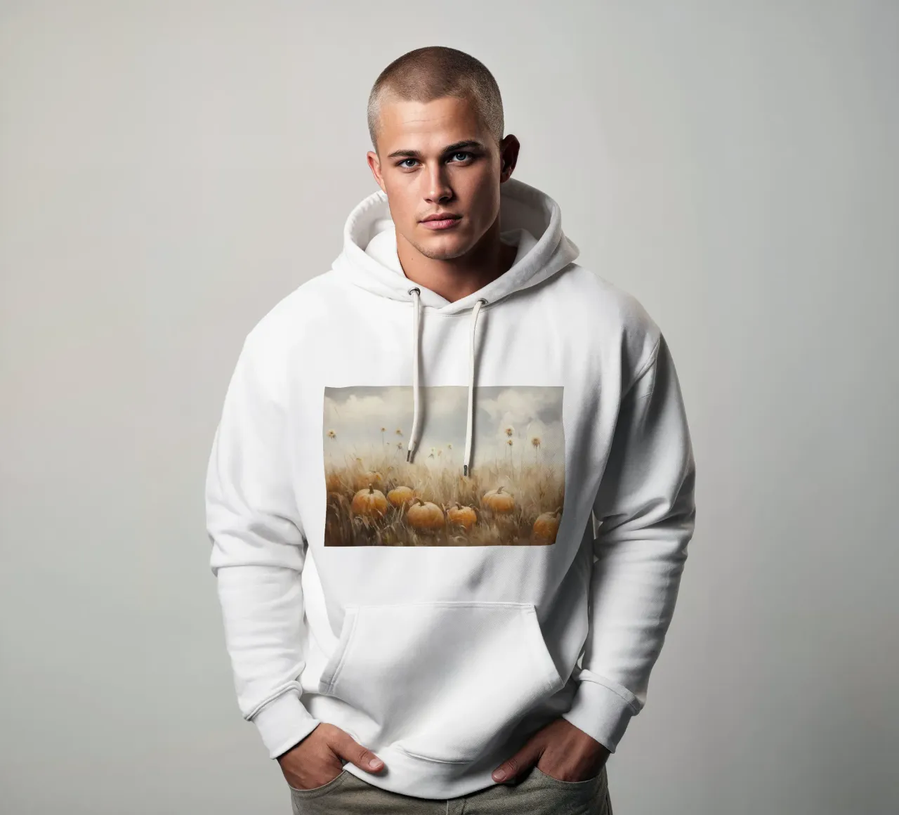 Zucche in un campo d'autunno felpa con cappuccio da Melloi Art Print